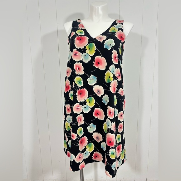 Lauren Ralph Lauren Sz 14 Mini Dress Tunic Black Floral V Neck Side Pockets - Picture 1 of 11